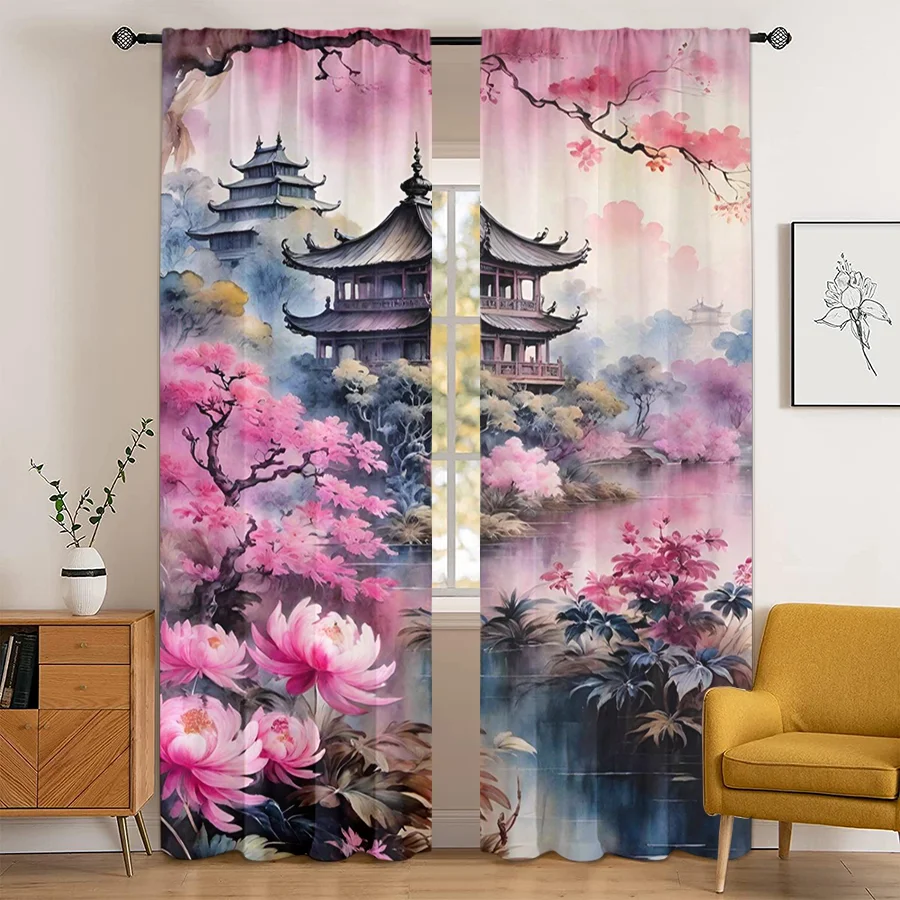 2PCS Chinese Pavilion Lotus Print Curtains, Pink Watercolor Ink Painting Landscape Window Drapes for Bedroom Living Room