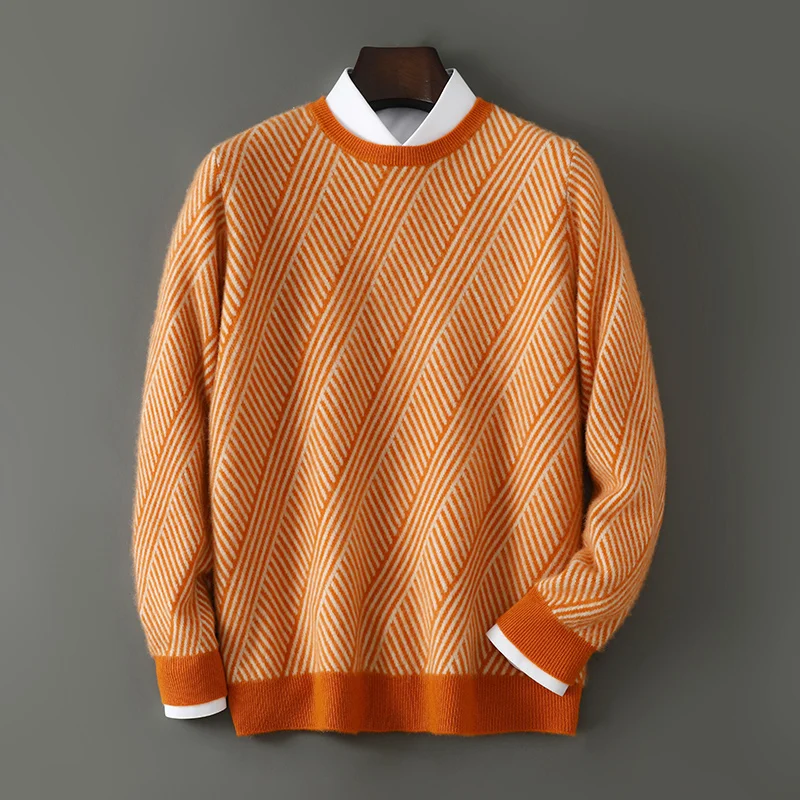 100% Pure Wool Men's Round Neck Long Sleeve Knit Sweater 2025 Autumn Winter New Color Blocked Stripe Splicing Crew Neck Pullover