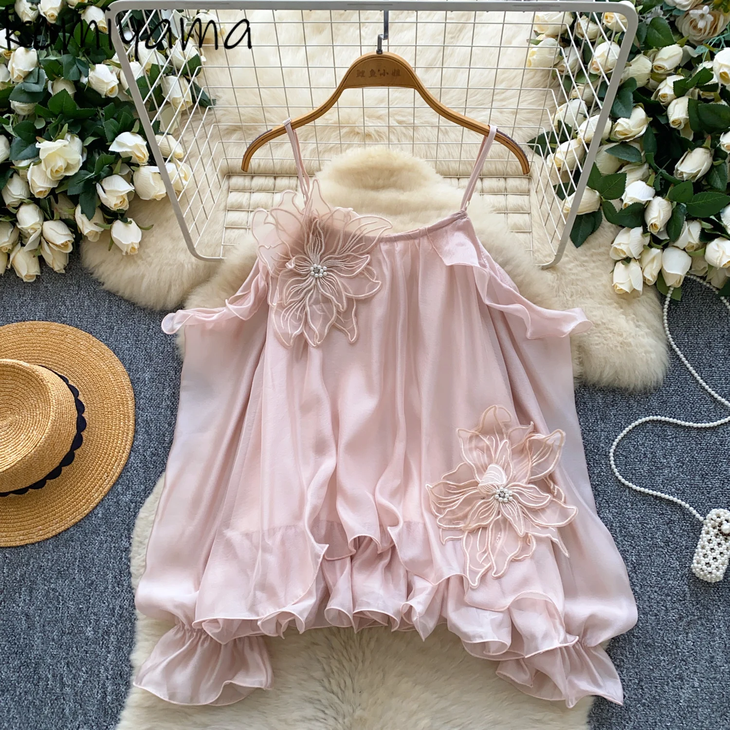 

3d Flower Off Shoulder 2025 Ropa Mujer Long Sleeve Mesh Shirts & Blouses Autumn Tops Temperament Blusas Sweet Gentle Camisas