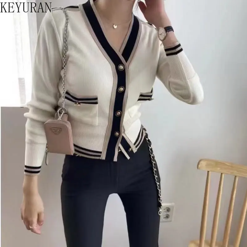 2023 Spring Autumn Striped Sweater Women Korean Fashion V-neck Slim Fit Long-sleeved Crop Top Knitted Cardigan Jacket Women Y2k