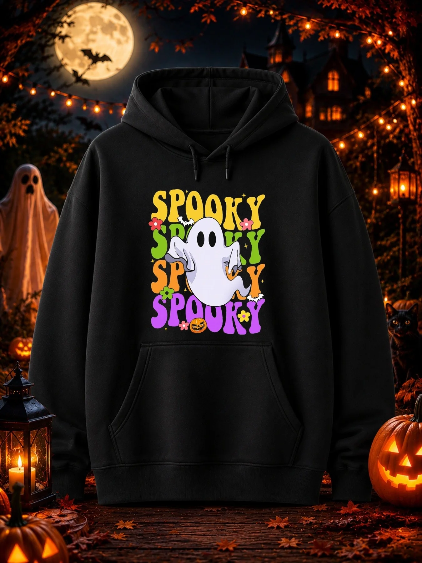 Men's Pattern Hoodie, Cartoon White Ghost Stacking, Colorful Horror Text, with Cute Flowers, Bats, Stars, Ghost Lamp Elements, Halloween Design