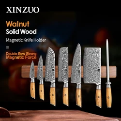 XINZUO 50cm Magnetic Knife Holder Powerful Magnetic Knife Strip Handmade Walnut Solid Wood Knives Holder Wall Mount Block