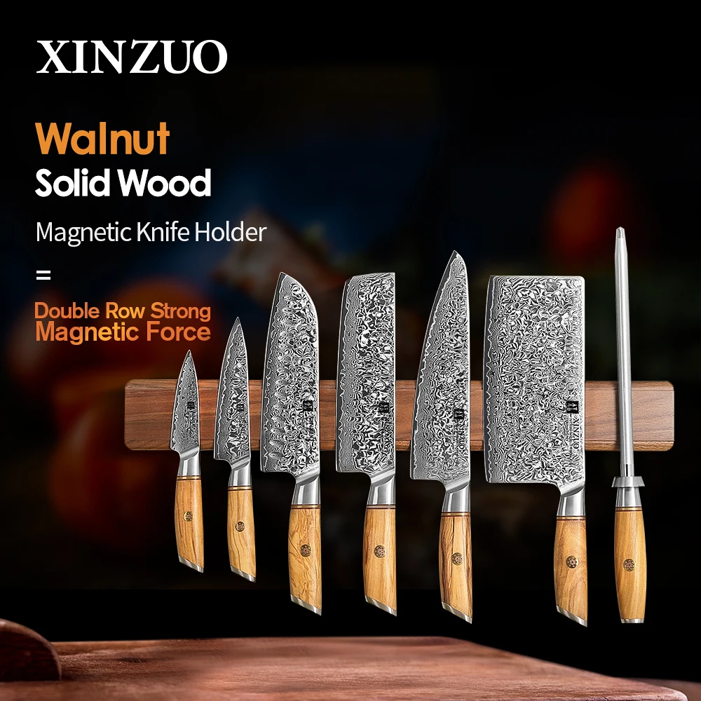 XINZUO 50cm magnetyczny uchwyt na nóż potężny magnetyczny pasek na nóż ręcznie robiony orzech z litego drewna uchwyt na noże blok do montażu na ścianie