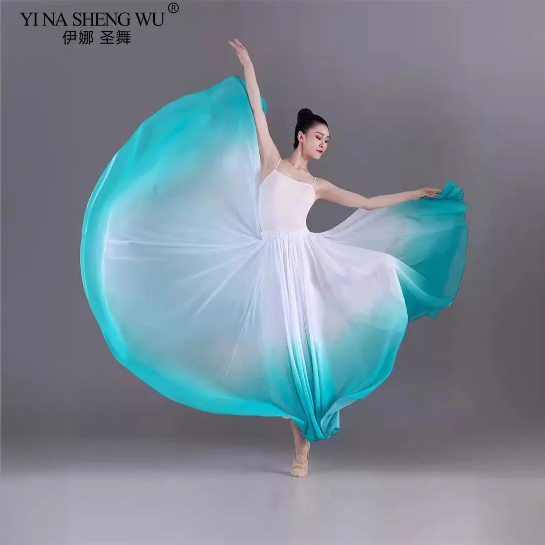 Saias de dança clássica para mulheres, traje de prática gradiente de 720 graus, chiffon de gaze, desempenho elegante, meio vestido, estilo chinês, novo