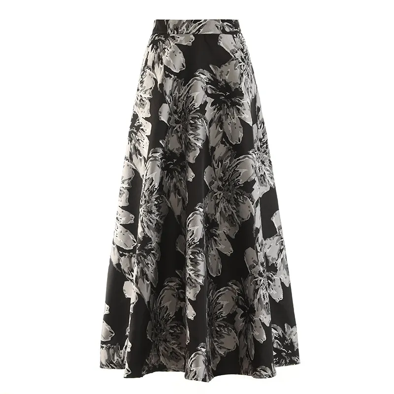 High Quality Original Embroidery Jacquard Ultra Long A-line Skirt Women New Spring Autumn High Waist Elegant Gown Party Skirts