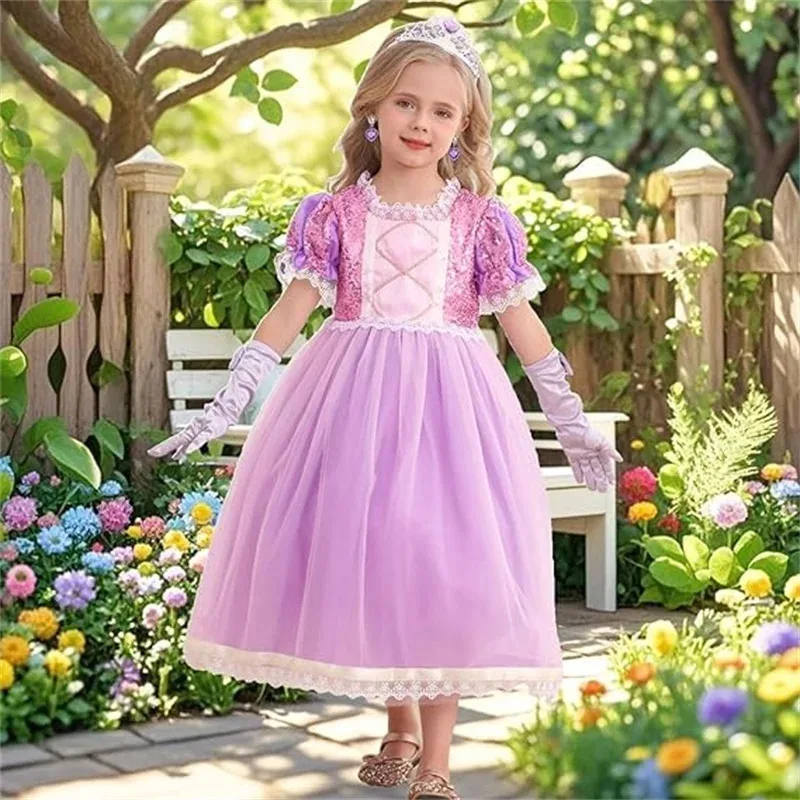 

25COSGirls Long Hair Princess Cosplay Costume Purple Lace Dress With Braid For Kids Birthday Party Halloween Tangled Dress Up Ou