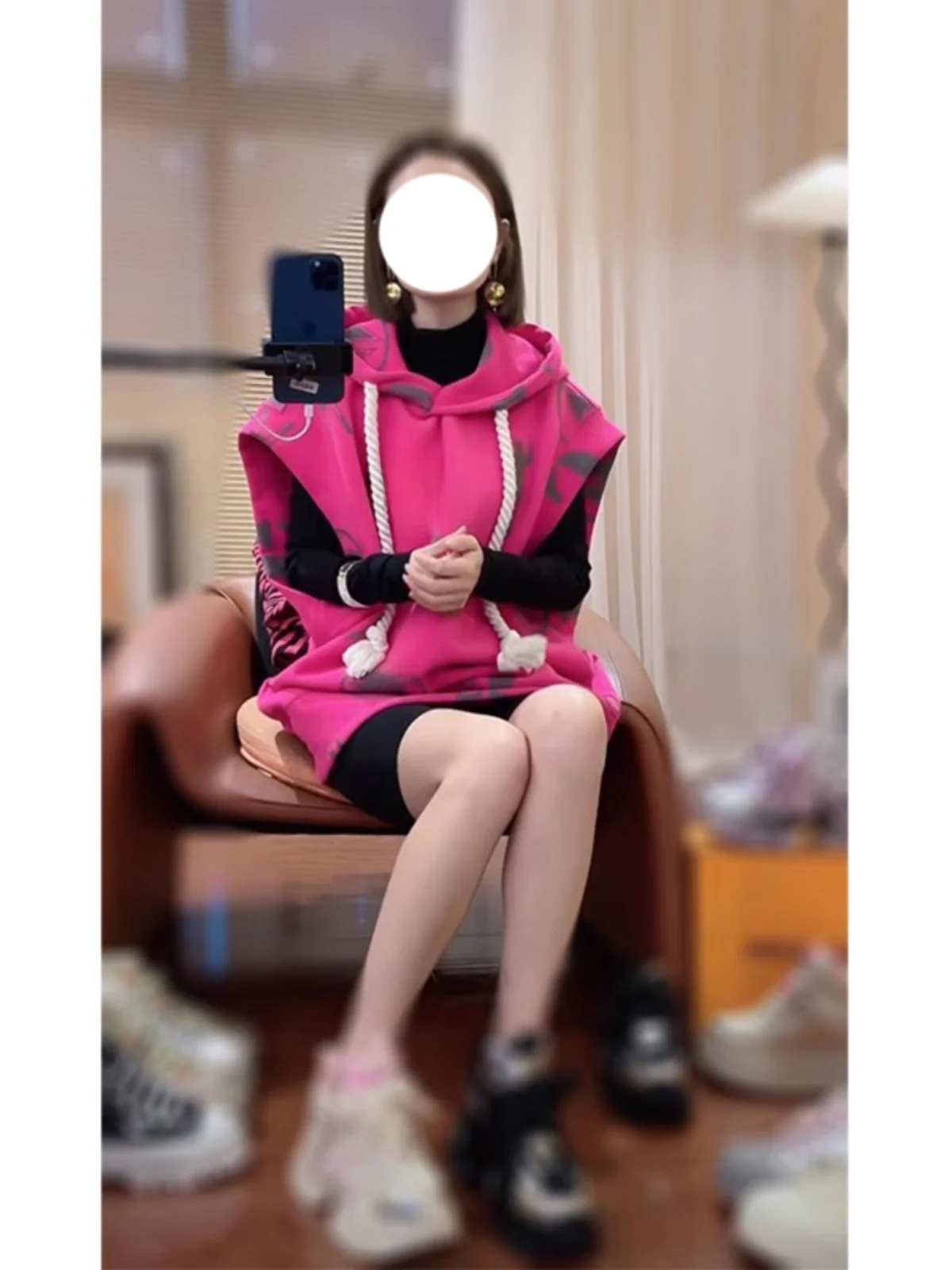 

Women's Hooded Sweatirt Vest Autumn Winter Loose Printed Outerwear Coarse Twisted Rope Dstring Casual Faion Top