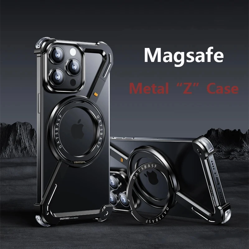 

Luxury Magnetic "Z" Type 360° Bracket Titanium Alloy Phone Case For iPhone 15 14 13Pro Max 15Plus Rimless Shockproof Cover Funda