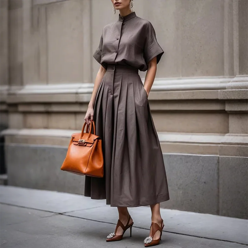 

Women's Summer Two Piece Set Business Casual Mock Neck Short Sleeve Linen Top Long Skirt High Street Suit Woman's Matching Set