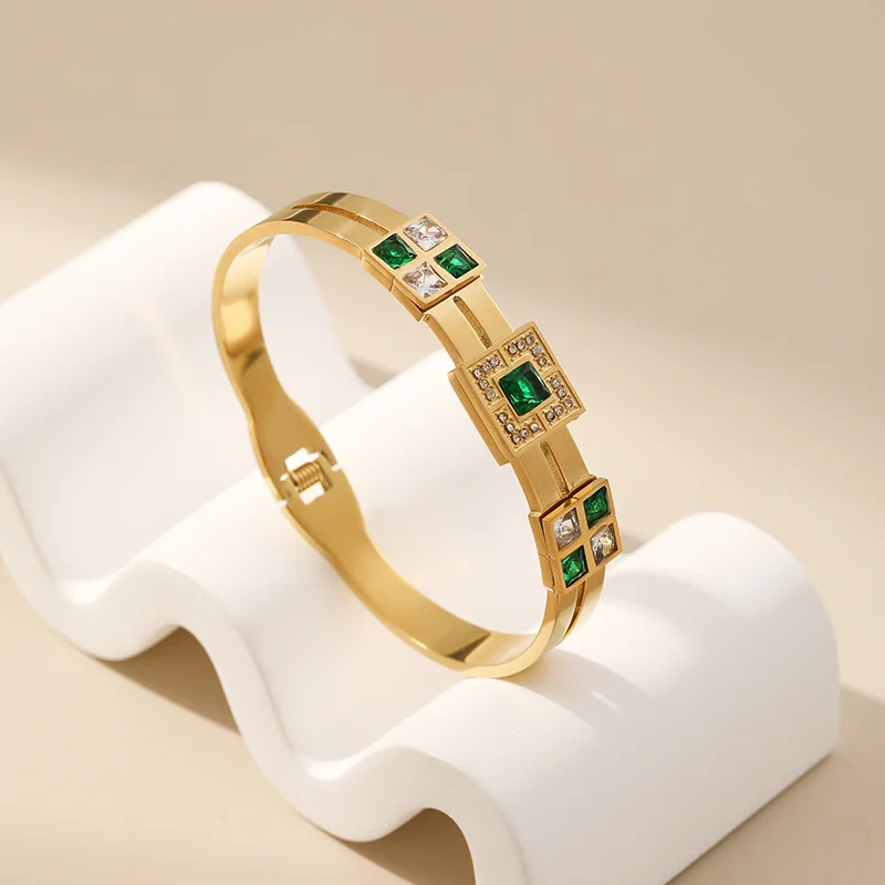 

PRISCA | Green Cubic Zirconia Bracelet Stainless Steel Women Charm Vintage Party Jewelry Gold Chic Fashion 2025