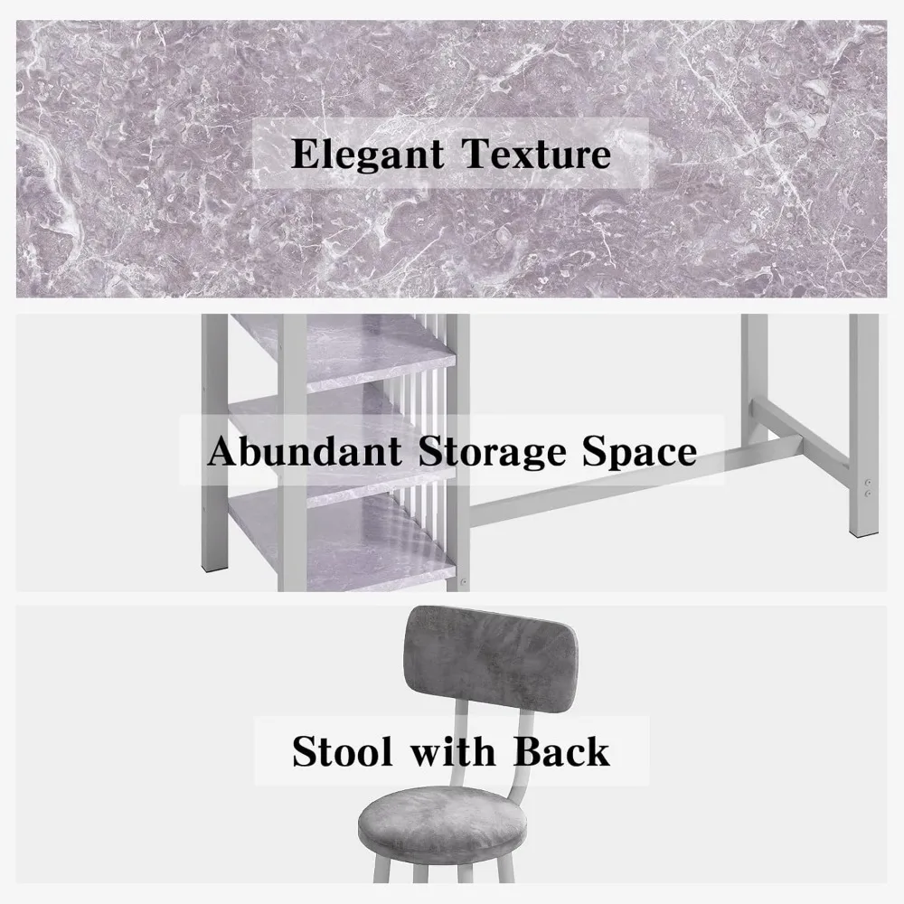 طاولة وكراسي بارتفاع بار المطبخ لـ 2، طاولة غرفة طعام مدمجة من 5 طبقات، سطح رمادي و2 منجد من جلد البولي يوريثان