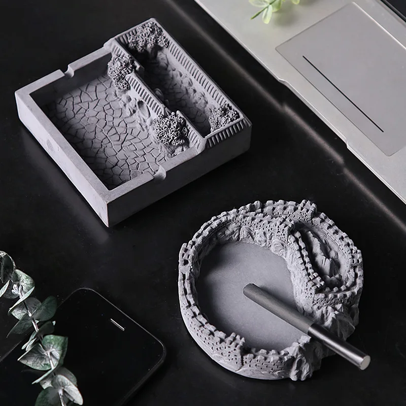 New Chinese cement ashtray senior sense niche creative personality household living room ashtray anti-fly ash retro landscape