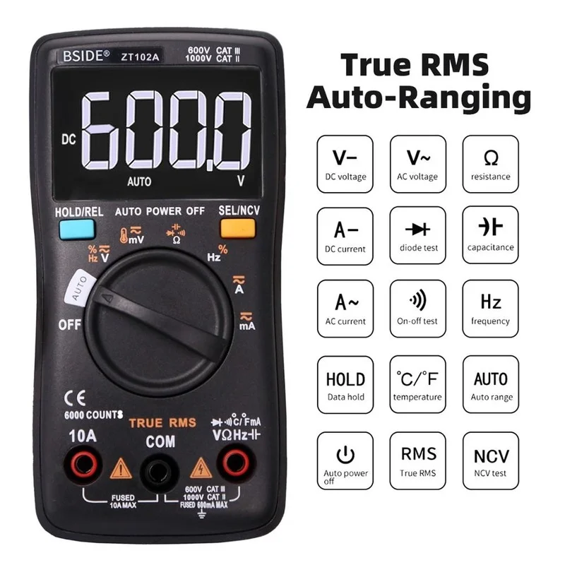BSIDE ZT102A Digital Multimeter EBTN LCD True-RMS AC/DC Voltage Current Temp Ohm Frequency Diode Resistance Capacitance Tester