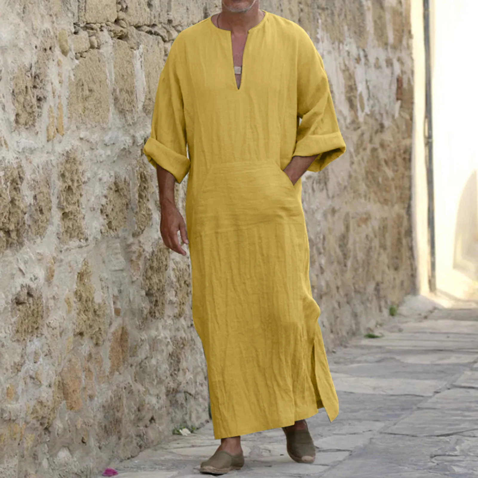 Robe de printemps en coton monochrome pour hommes, t-shirt long tendance, manches mi-longues, col rond, fente latérale, caftan décontracté