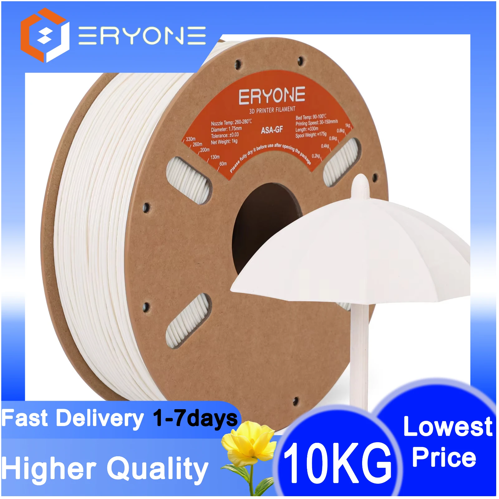ERYONE 3/10KG ASA-GF-filament, 3D-printen ASA glasvezelfilament, 1,75 mm +/- 0,03 mm, 1 kg (2,2 lbs)/spoel