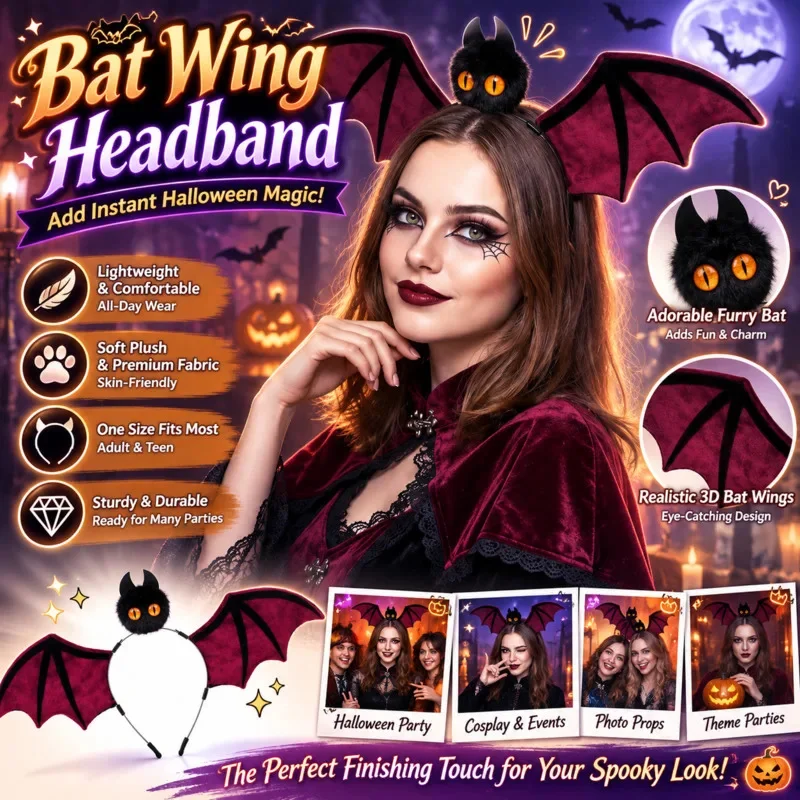 Halloween Cute Bat Wing Hair Hoop Cosplay Beast Ear Headwear Masquerade Party Costume Accessory Soft Plush Dress Up Decor Gift