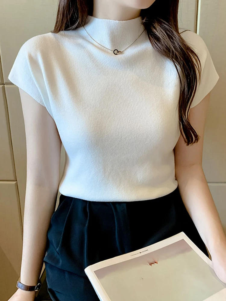 Women Summer Sexy Knitted Turtleneck Sleeveless T-Shirts Tops Solid Slim Fit Pullovers Causal Tees Female Streetwear Basics Tees