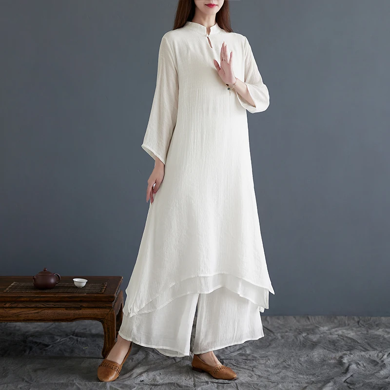 Chinese Style Women's Cotton Linen Midi Dress Tai Chi Yoga Clothes Tea Ceremony Zen Dance Uniform Female Fashionable Traditio...