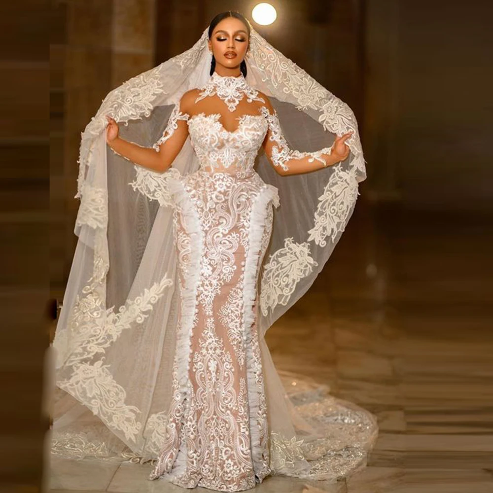 Retro Lace Mermaid Wedding Dresses Saudi Arabia High Neck Sheer Long Sleeves Bridal Gowns Sweep Train Wedding Vestidos With Veil