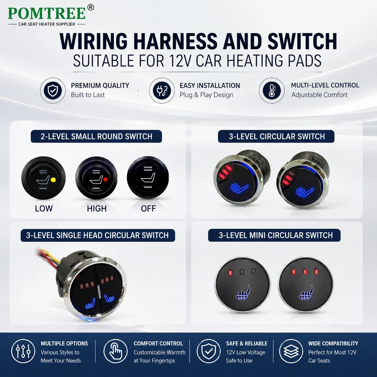 Wiring Harness and Switch Suitable for 12V Car Heating Pads, Three-level Adjustable Switch for Winter,and Seat Heating Switch