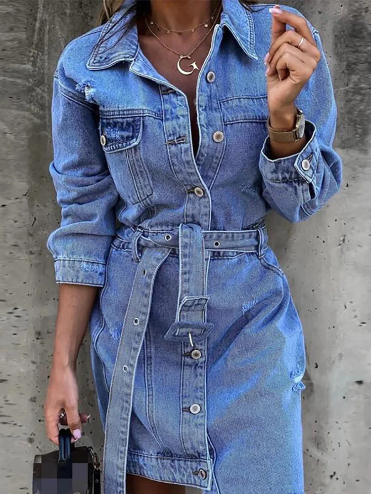 New Women Spring Autumn Turn-Down Collar Full Sleeve Denim Dress Casual Solid Button Mini Dress Fashion Elegant Streetwear Dress