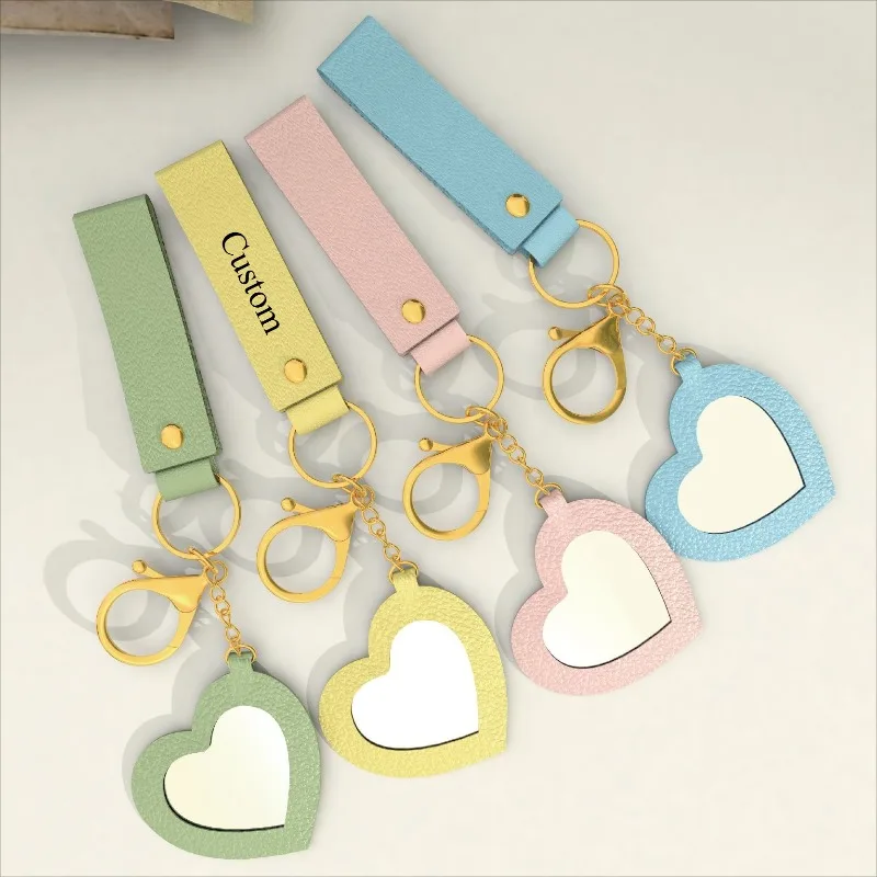 Laser Custom LOGO Keychain Cute Peach Heart Mirror Keyring PU Leather Love Makeup Looking Glass Personalized Keybag Pendant