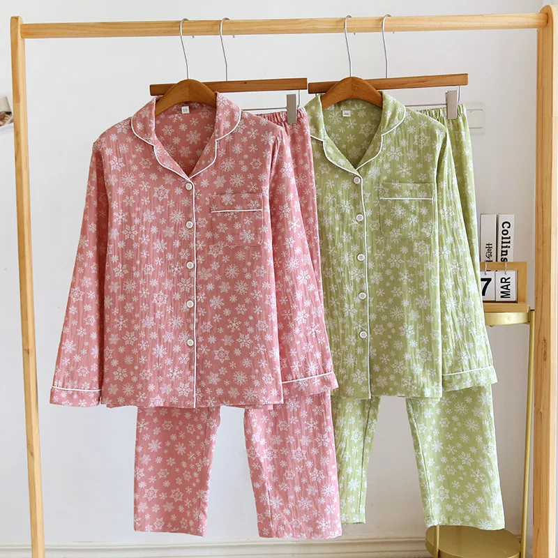 

Sweet snow pajamas sets women 100% double gauze wrinkly cotton Japanese Fashion long sleeve pure cotton sleepwear pyjamas