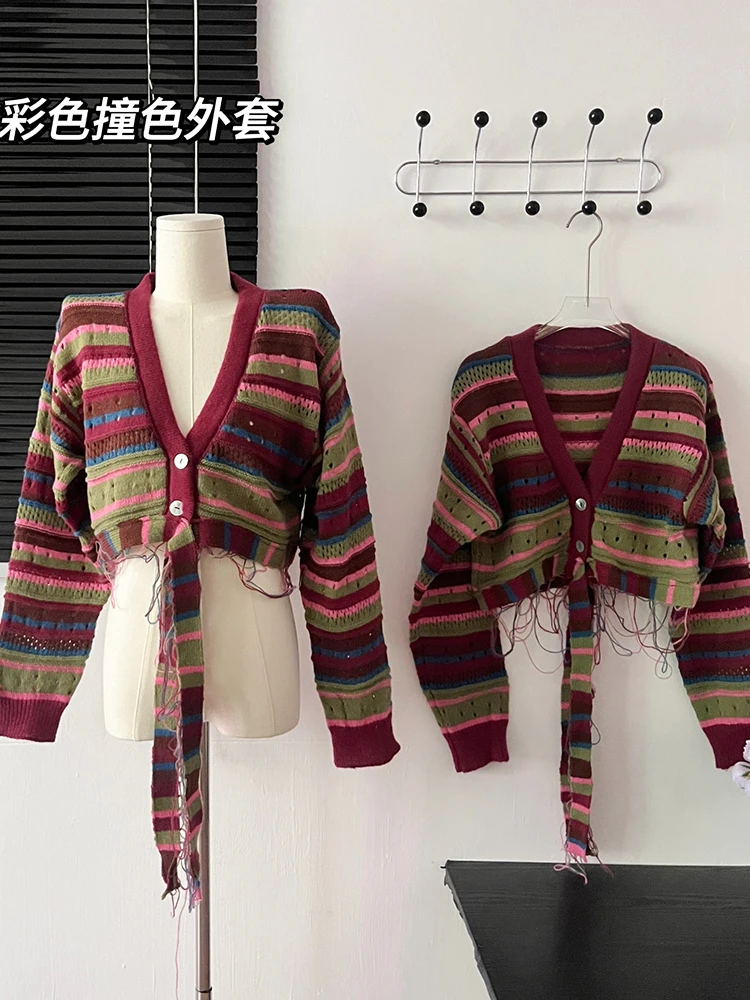 Autumn Winter Woman Vintage Striped Cardigan Long Sleeve Cropped Sweaters Aesthetic Bolero Baddie Style Core Tops Designer Tide