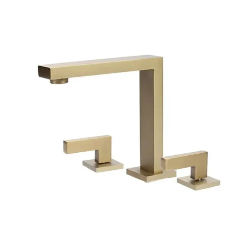 

Modern Square Dual Handle Bathroom Basin Faucet Brushed Gold Brass Water Spring Deck Mount Single Hole for Living Room