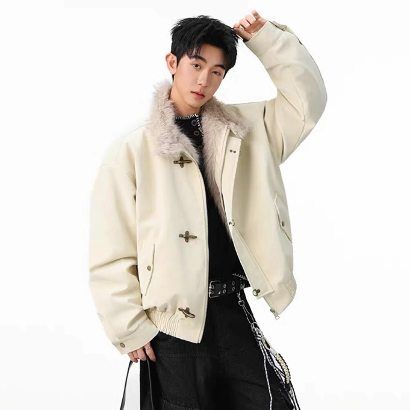 

Мужская зимняя хлопковая куртка с меховым воротником и отделкой из искусственной кожи, цвет синий, теплая, молодежная, модная, для активного отдыха