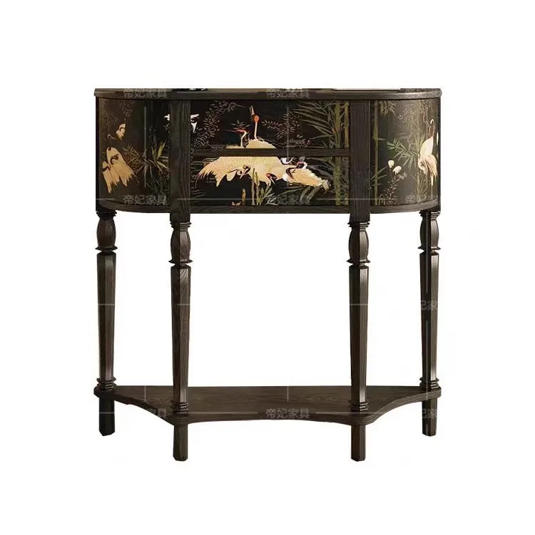 

Medieval black painted entrance table French animal pattern foyer display cabinet retro solid wood storage case
