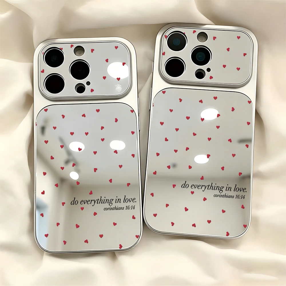 Romantic Tiny Red Heart Mirror Large Window Lens Protect Phone Case for IPhone 17 16 15 14 13 12 11 Pro Max Air 15 14 Plus Cover