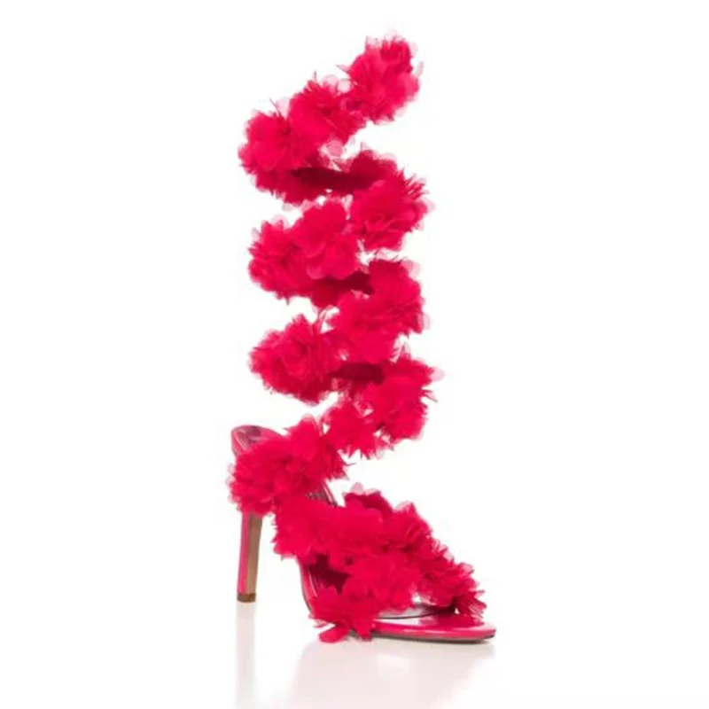 

Women Sexy Winding Straps Flower Summer Boots Street Catwalk Open Toe Sandals Solid Color Stiletto Ins Style Party Fashion Pumps