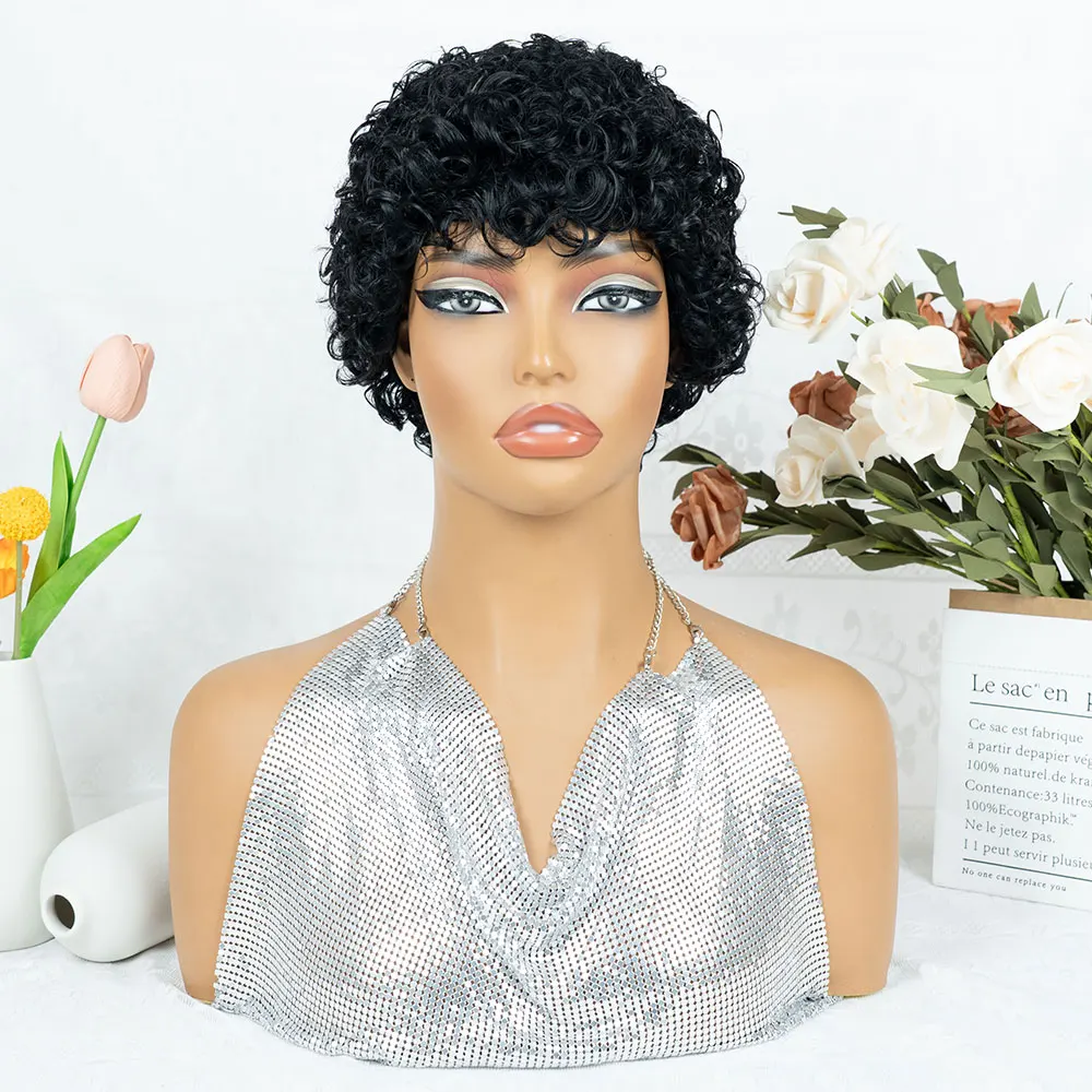 Afro Kinky Curly Pixie Cut Wig with Bangs Brazilian Human Hair Wig for Women Short Water Curly Pixie Cut Remy Human Hair Full Machine Made 4