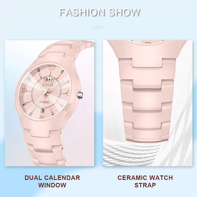 LIGE ساعة نسائية أنيقة من السيراميك ساعات يد كوارتز عصرية فاخرة مقاومة للماء ساعات تاريخ الأسبوع هدايا للسيدات Reloj Mujer + صندوق #5
