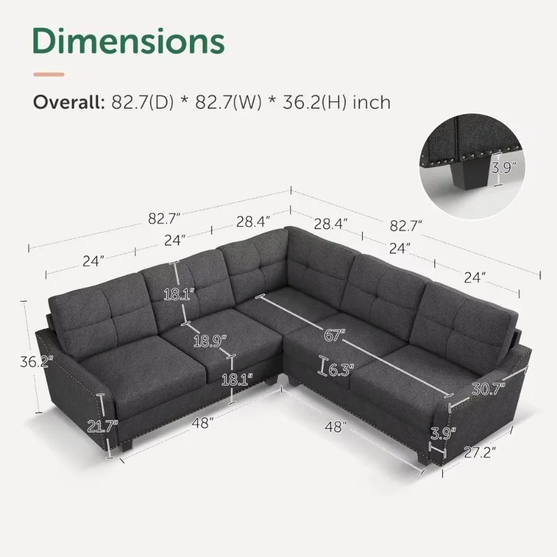 Convertible combination sofa, L-shaped sofa for small apartment, reversible combination sofa for living room