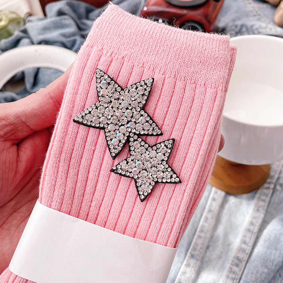 Fashion Star Rhinestone Glitter Socks Women Shiny Diamond Stockings Harajuku Christmas Loose Socks Winter Cotton Sparkly Socks