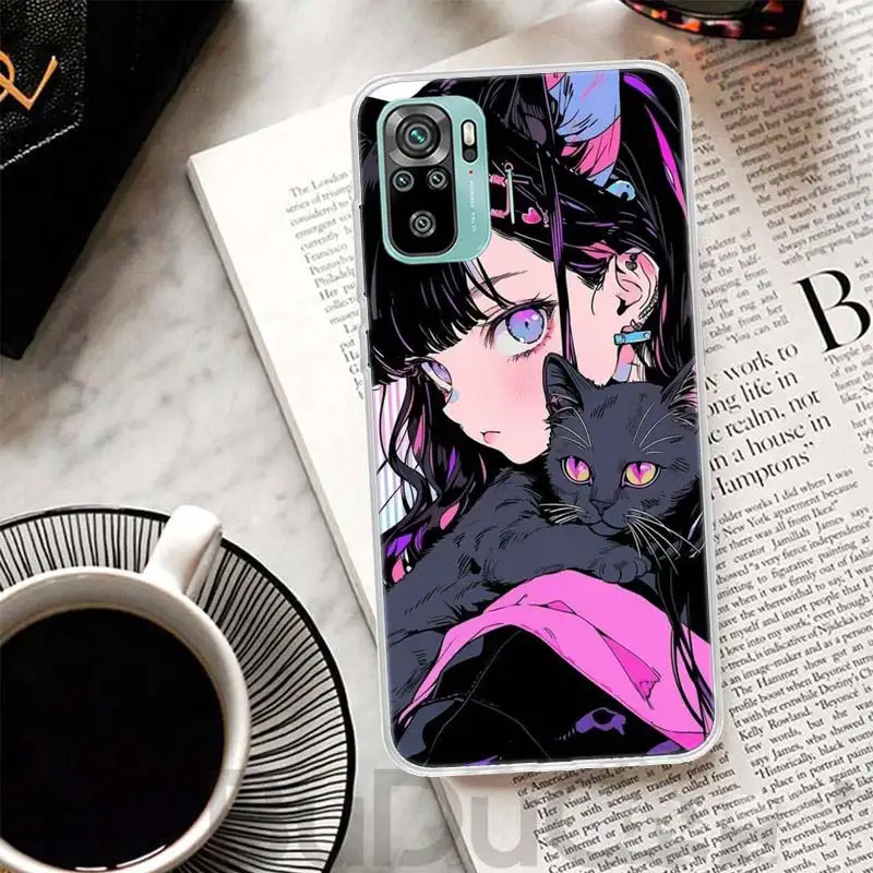 Anime Girls Cute Black Cat Cover For Xiaomi Redmi Note 13 12S 12 11 11S 10S 10 Pro Plus Phone Case 11E 11T 9 9S 8T 8 + Print Coq