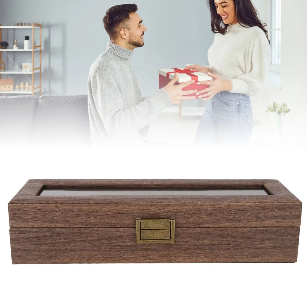 Walnut Color 6 Slots Walnut Grain Watch Display Box PU Leather, Flannel, Acrylic, Metal Chinese Style Watch Collection Box