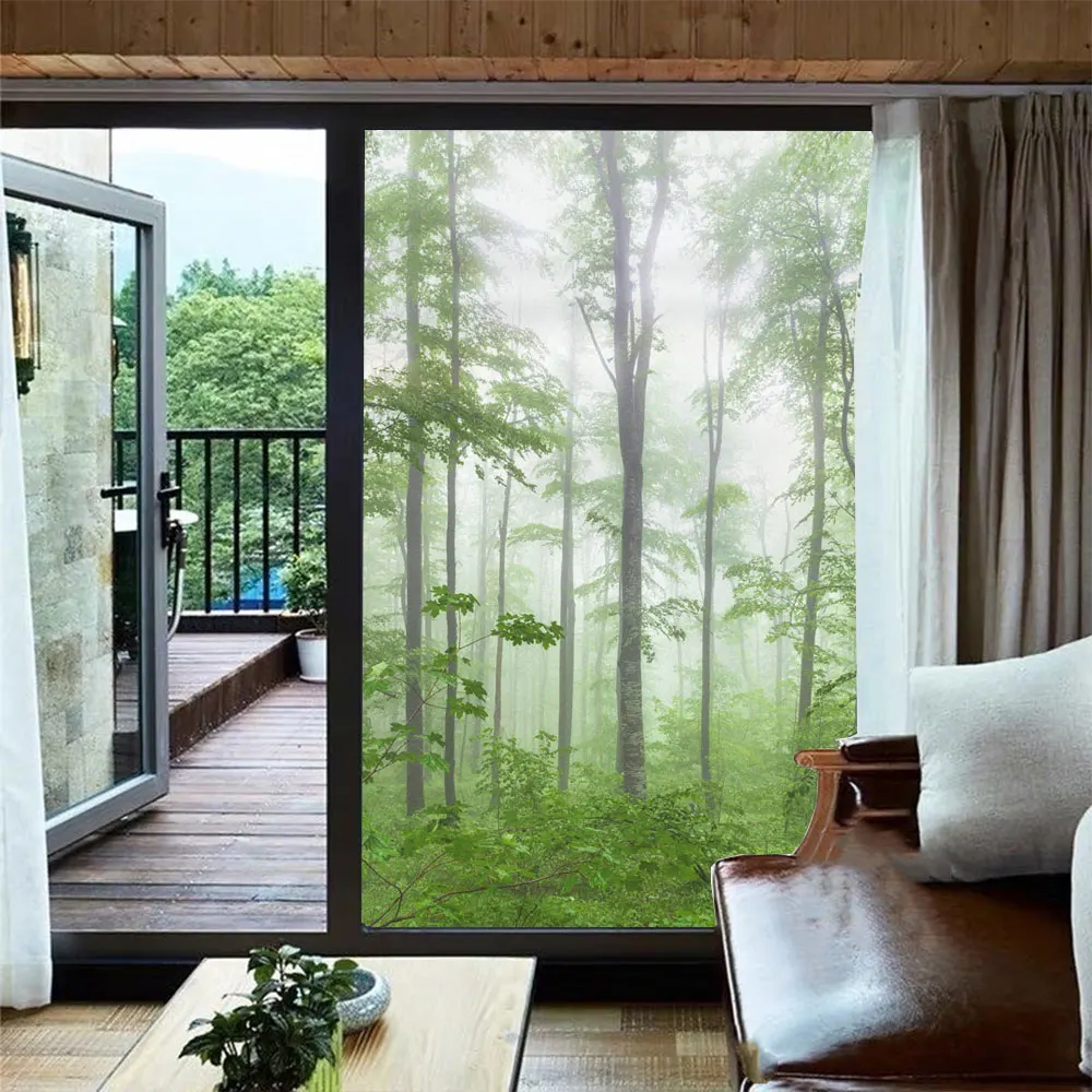 Privacy Glass Window Film Morning Forest Pattern Glue-free Static Cling Glass Door Film Anti-UV Glass Window Sticker for Home