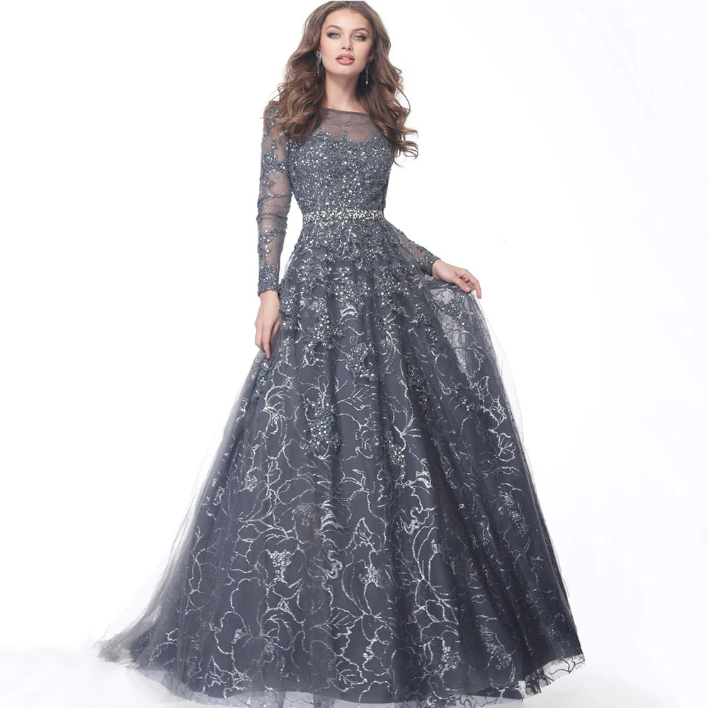 Exquisite Shiny Lace A-Line Prom Dress Scoop Neck Long Sleeves Illusion Tulle Women Floor Length with Beading Belt Party Gowns