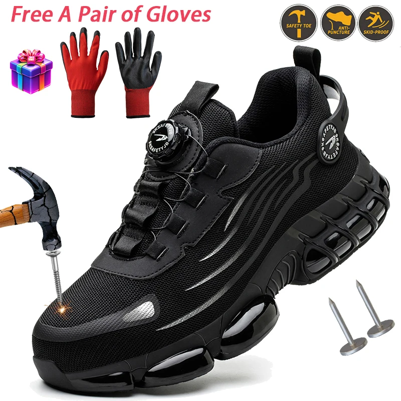Men Non-Slip Roofing Shoes New Rotary Buckle Steel Toe Safety Work Shoes Indestructible Soles Send a Pair of Gloves as a Gift