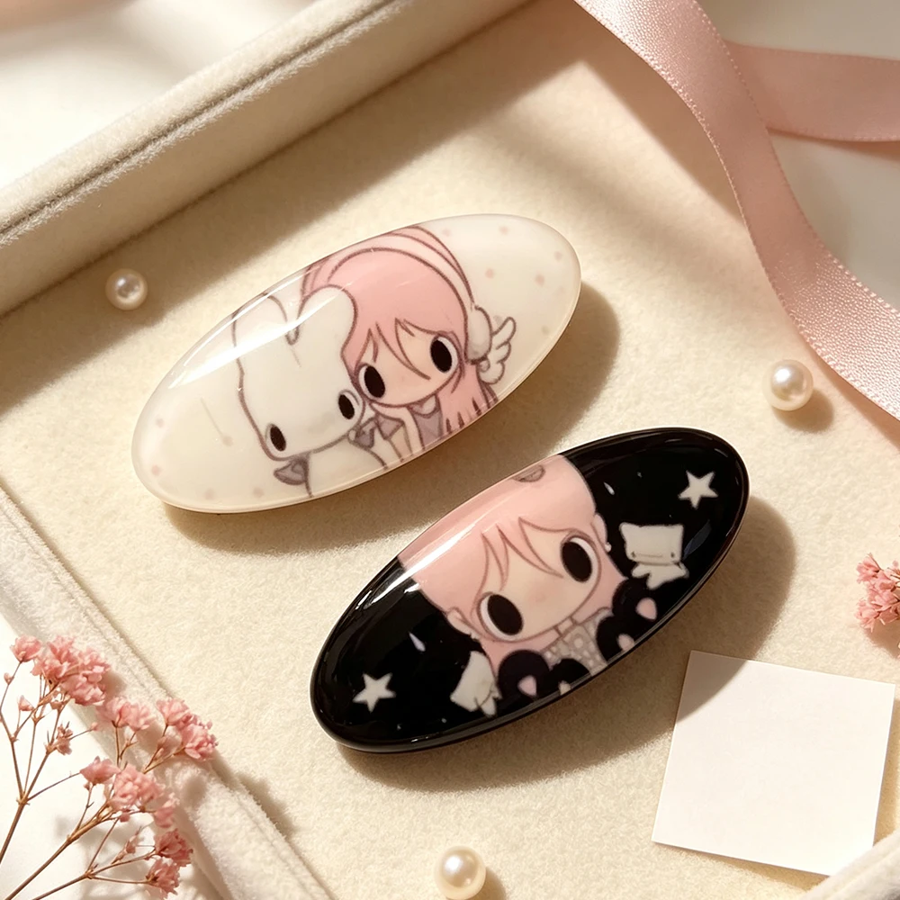 2Pcs Angel Girl Cartoon Hair Clip Set Star White Rabbit Print Oval Acrylic Side Barrettes Hairclips For Women Girls Jewelry
