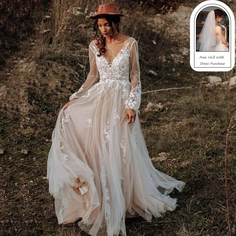 Eightree Vintage Boho Suknie Ślubne Długi Rękaw Koronkowa Długa Suknia Panny Młodej Plaża Suknie Ślubne V Szyja Sukienka Na Wesele Dostosowane