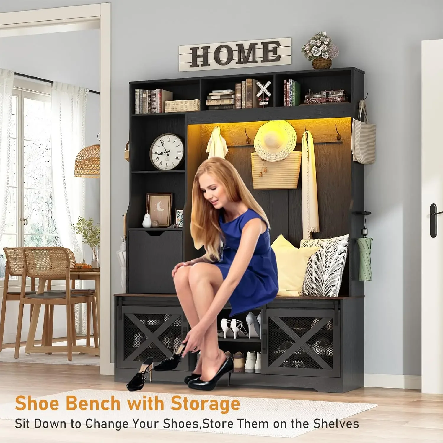 [Discounted Price!Free Shipping!]75''H LED Farmhouse Hall Tree with Bench and Shoe Storage,Entryway Bench with Coat Rack,16 Shoe