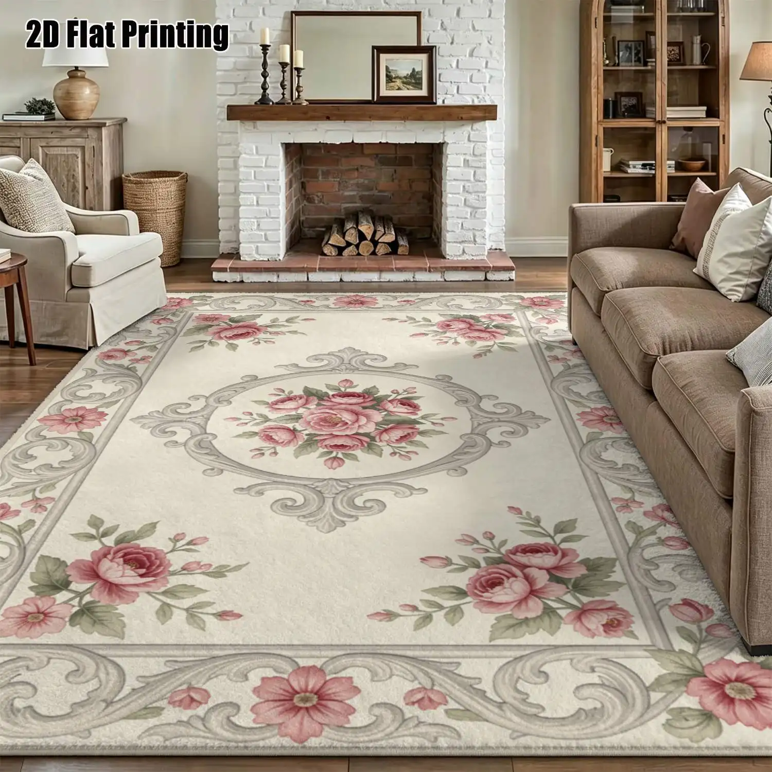 1Pc 2D Printed Pink Rose Cluster Carpet: European Vintage Style, Home Decor, Multi-Size, Machine Washable, for Entryway, Dining Room, Foyer, Study, Living Room, Bedroom