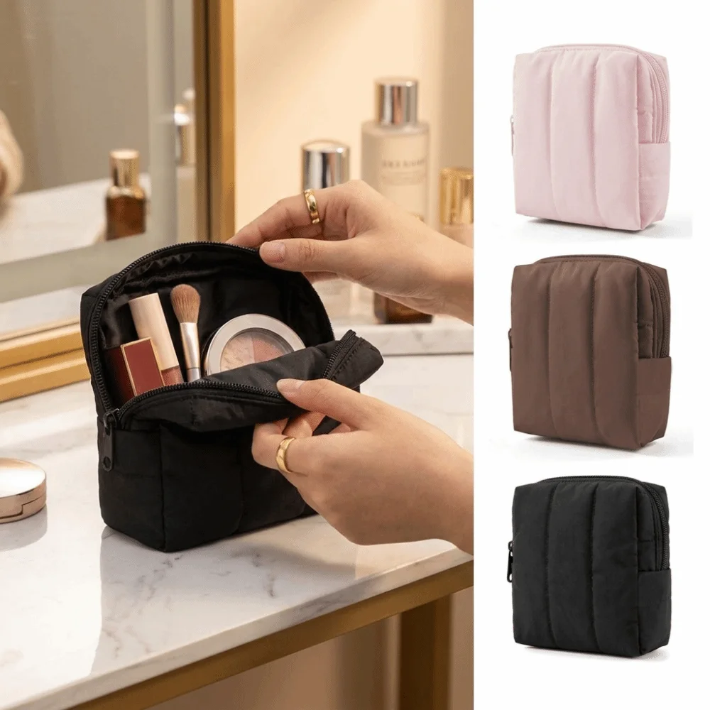 Waterproof Cosmetic Organizer Large Capacity Side Pocket Makeup Bag Portable Zipper Closure Quilted Makeup Bag Travel