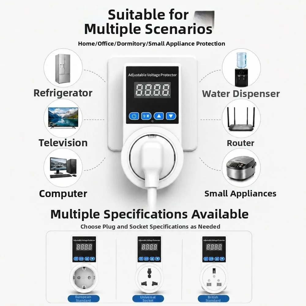 Adjustable Automatic Voltage Protector Socket Digital Display EU/UK Plug Power Surge Protector Voltage Correction