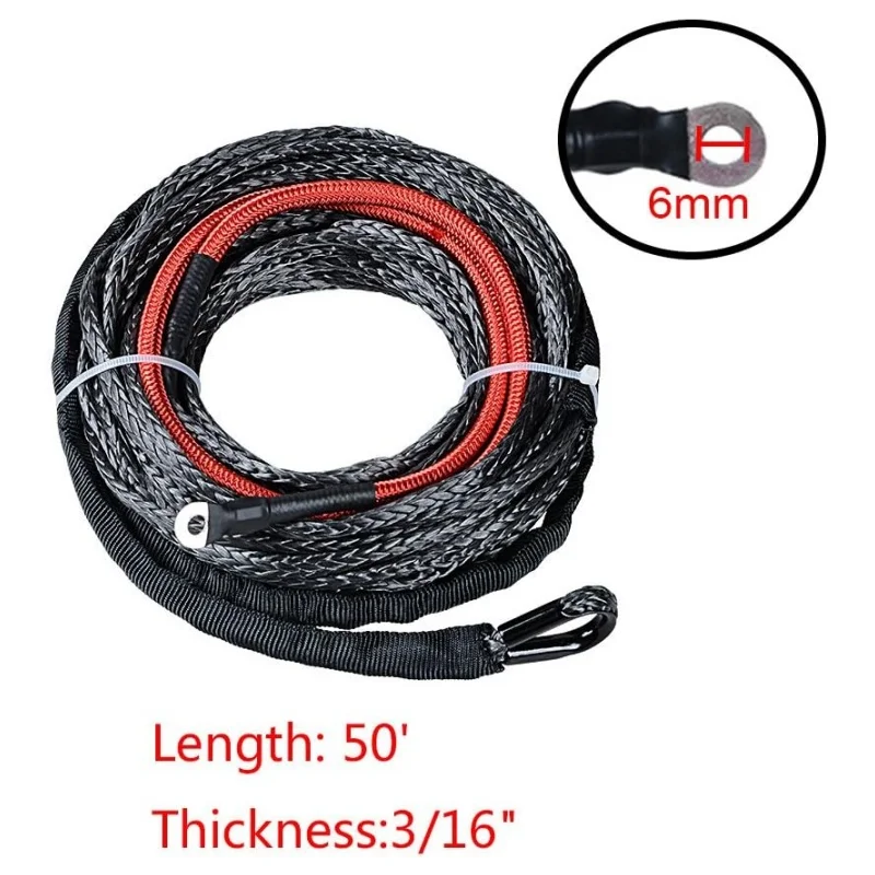 

50ft x 3/16"（15m*5mm) Synthetic Winch Rope With Red Protective Sleeve For Jeep ATV UTV Boat Van Pickup Truck