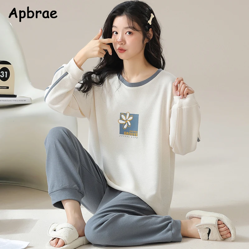 Autumn Winter Waffle Cotton Pajamas for Women Long Sleeves Home Wear Casual Sports Pijamas Round Collar Woman Sleepwear